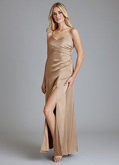 Azazie Azuree Bridesmaid Dresses Taupe A-Line Pleated Stretch Satin Dress image4