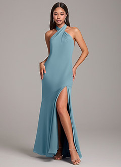 Azazie Lorena Robes de demoiselle d'honneur Robe Sirène en Mousseline de soie Plissée Bleu Maussade image3