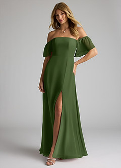 Azazie Sue Jurken voor bruidsmeisjes Converteerbaar Jurk van Chiffon met A-Lijn Off the Shoulder Olijf image3