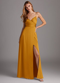 Azazie Calissa Brautjungfernkleider A-Linie V-Hals Gefaltet Stretch-Satin Kleid Butterscotch image3