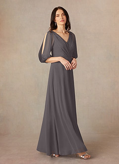Azazie Bronwyn vestidos de madre de la novia Vestido de Gris Acero de Gasa de Corte En A con Cuello de pico fruncido image1