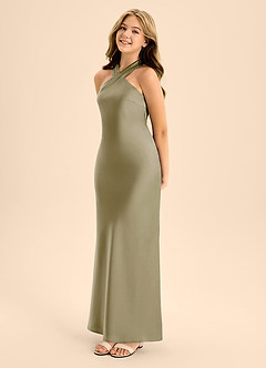 Azazie Doretta Junior Moss Green A-Line Pleated Stretch Satin Dress image3