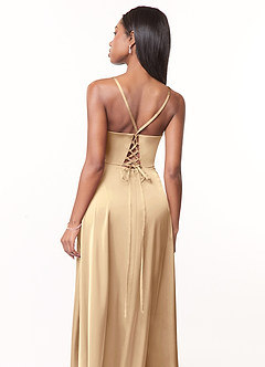 Azazie Maksim Robes de demoiselle d'honneur Robe Trapèze en Satin extensible Col en V Champagne image3