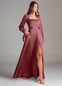 Azazie Leonia Bridesmaid Dresses Desert Rose A-Line Long Sleeve Stretch Satin Dress image4