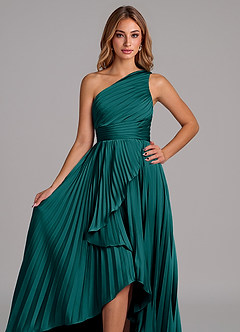 Azazie Lyrica Bridesmaid Dresses Peacock A-Line One Shoulder Stretch Satin Dress image4