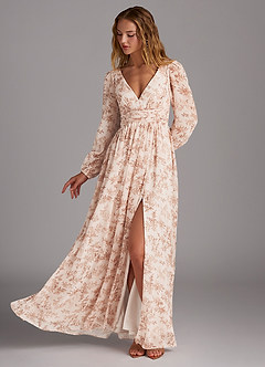 Azazie Norah Bridesmaid Dresses Pink Fern Floral A-Line V-Neck Long Sleeve Chiffon Dress image3