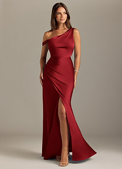Azazie Madelyn Robes de demoiselle d'honneur Robe Sirène Convertible en Satin extensible Une épaule Écarlate image1