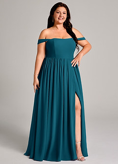 Azazie Calianna Robes de demoiselle d'honneur Robe Trapèze Convertible en Mousseline de soie Épaule décolletée Bleu Encre image13