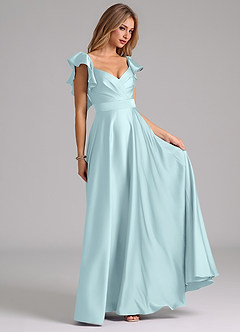 Azazie Leilani Robes de demoiselle d'honneur Robe Trapèze en Satin extensible Rayé Bleu Nuage image4