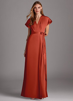 Azazie Nico Bridesmaid Dresses Rust A-Line V-Neck Stretch Satin Dress image1
