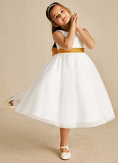 Azazie Kavi Flower Girl Dresses Ivory Butterscotch A-Line Bow Matte Satin Dress image5