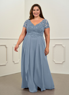 Azazie Dunja Mother of the Bride Dresses Dusty Blue A-Line V-Neck Lace Chiffon Dress image7