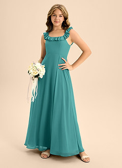 Azazie Callie Junior Abito A-Line in Chiffon Increspato Verde Pavone image6