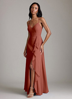 Azazie Naeem Bridesmaid Dresses Auburn A-Line V-Neck Ruffle Chiffon Dress image5