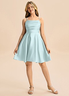 Azazie Miko Junior Vestido de Vidrio Marino de Satén Elástico de Corte en A con Plisado image5