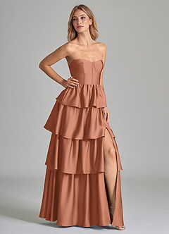 Azazie Faye Bridesmaid Dresses Bronzer A-Line Ruched Stretch Satin Dress image1
