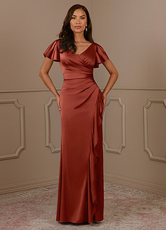 Azazie Roya Mother of the Bride Dresses Terracotta Mermaid V-Neck Pleated Stretch Satin Dress image2