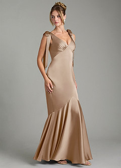 Azazie Alena Bridesmaid Dresses Taupe Mermaid Pleated Stretch Satin Dress image3
