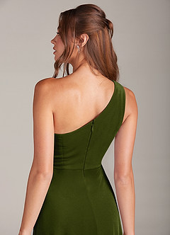 Azazie Brooke Bridesmaid Dresses Olive A-Line One Shoulder Velvet Dress image2