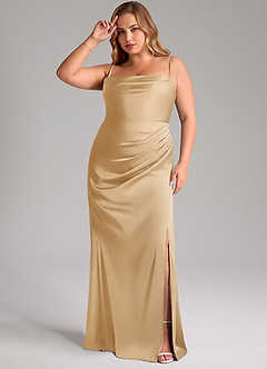 Azazie Leonis Bridesmaid Dresses Gold Mermaid Pleated Stretch Satin Convertible Dress image12