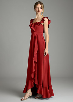 Azazie Lyra Bridesmaid Dresses Pomegranate A-Line Off the Shoulder Stretch Satin Convertible Dress image4