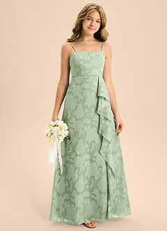 Azazie Kaylee Junior Dusty Sage A-Line with Belt Floral Burnout Dress image3