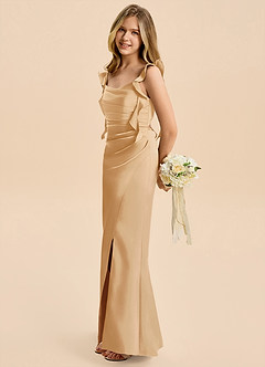 Azazie Jessamine Junior A라인 러칭 스트레치 새틴 플로어 길이 주니어 브라이즈메이드 드레스 image7