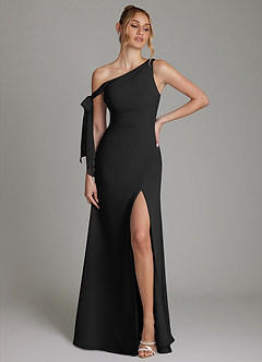 Azazie Aylin Vente finale Robe Fourreau en Mousseline de soie Épaule décolletée Noir image1