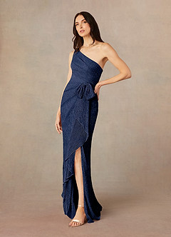 Azazie Jocelyn Mother of the Bride Dresses Dark Navy Sheath One Shoulder Metallic Mesh Dress image2