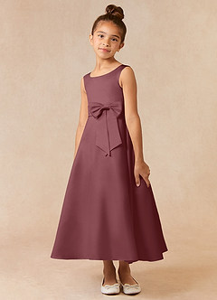 Azazie Lindy vestidos de niña de las flores Vestido de Rosa Del Desierto de Satin Mate de Acampanado con Plisado image4