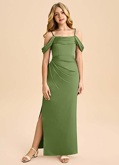 Azazie Saige Junior Robe Fourreau en Satin extensible Épaule décolletée Genévrier image3