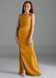 Azazie Eren Junior Etui Plissee Stretch-Satin Kleid Butterscotch image1