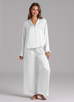 front Ruffled Satin Long Sleeve Pajama Set