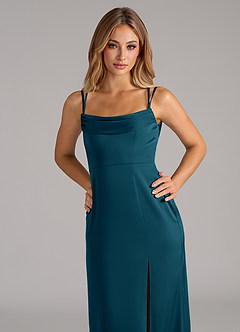 Azazie Callan Bridesmaid Dresses Ink Blue A-Line Pleated Stretch Satin Convertible Dress image7