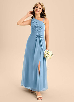 Azazie Brooke Junior Steel Blue A-Line Side Slit Chiffon Dress image3