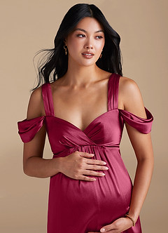 Azazie Rhea Maternity Bridesmaid Dresses A-Line Pleated Metallic Satin Floor-Length Dress image3