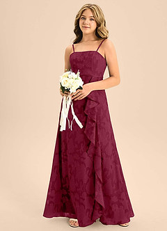 Azazie Kaylee Junior Burgundy A-Line with Belt Floral Burnout Dress image6