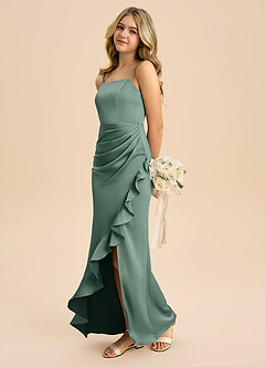 Azazie Buzzy Junior Eucalyptus Sheath Pleated Stretch Satin Dress image6