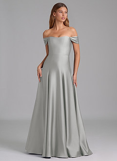 Azazie Seriana 신부 들러리 드레스 A라인 오프 더 숄더 스트레치 새틴 바닥 길이 드레스 image1