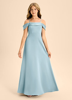 Azazie Anselie Junior Moody Blue A-Line Off the Shoulder Stretch Satin Dress image7
