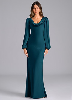 Azazie Melani Bridesmaid Dresses Ink Blue Mermaid Long Sleeve Stretch Satin Dress image1