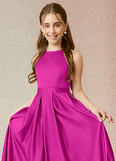 Azazie Arianthe Junior Fuchsia A-Line with Pockets Matte Satin Dress image5