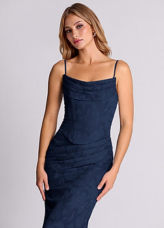 Azazie Sorrel Bridesmaid Dresses Dark Navy Mermaid Corset Floral Burnout Convertible Dress image7