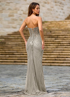 Willone Silver Strapless Floral Beaded Mermaid Dress image4