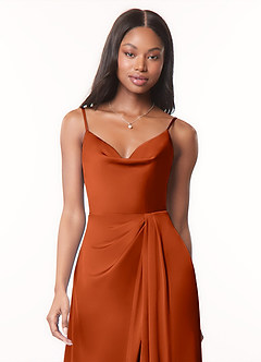 Azazie Brielle Bridesmaid Dresses Paprika A-Line Cowl Spaghetti Straps Stretch Satin Dress image4