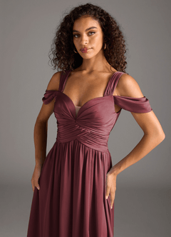 Azazie Lianne Bridesmaid Dresses Merlot A-Line Off the Shoulder Stretch Satin Dress image3