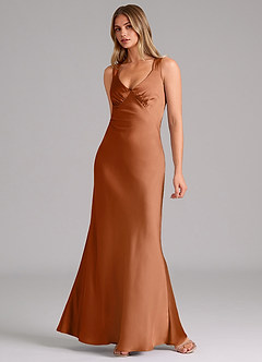 Azazie Kamila Bridesmaid Dresses Copper A-Line Pleated Stretch Satin Dress image3