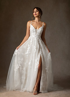 Azazie Monda Wedding Dresses Diamond White A-Line Lace Tulle Dress image3