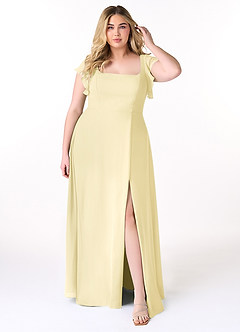 Azazie Bondi Vestidos de damas de honor Vestido de Sorbete De Limón de Gasa de Corte en A con Volantes image7