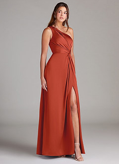 Azazie Brooke Bridesmaid Dresses Rust A-Line One Shoulder Stretch Satin Dress image4